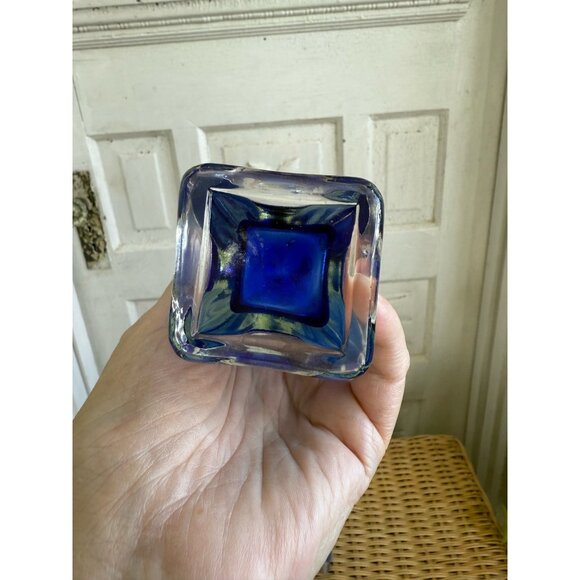 Vintage MCM Pair Clear Art Glass Cobalt Blue Swung Vases 10" - Picture 8 of 8